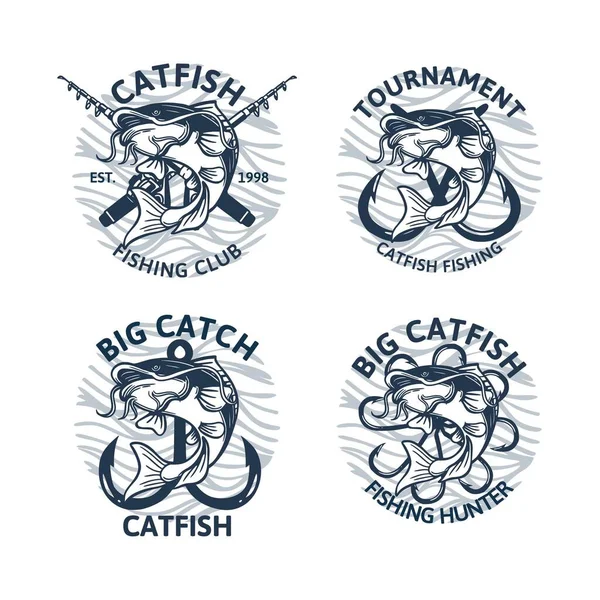 Conjunto Catfish Pesca Logotipo Clube Torneio Grande Captura Emblema Vintage — Vetor de Stock