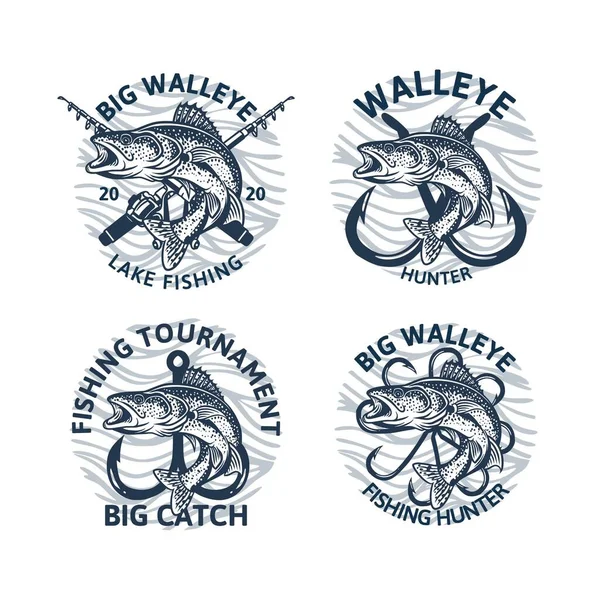 Set Walleye Fishing Logo Club Tournament Big Catch Vintage Emblem — Stock Vector
