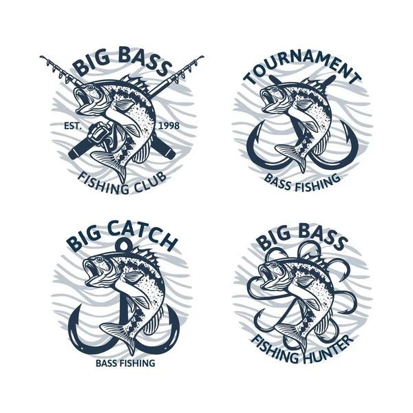 Zestaw Dużych Ust Bass Fishing Logo Turnieju Big Catch Emblemat — Wektor stockowy