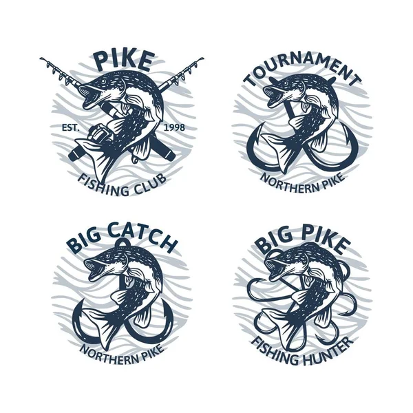 Set Northern Pike Fishing Logo Club Tournament Big Catch Vintage — Stock Vector