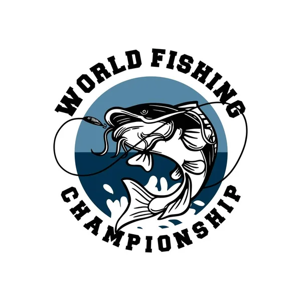 Kedi Balıkları Kancaya Atlayıp Dünya Balıkçılık Şampiyonası Logosu Yakalar Tişörtlerde — Stok Vektör