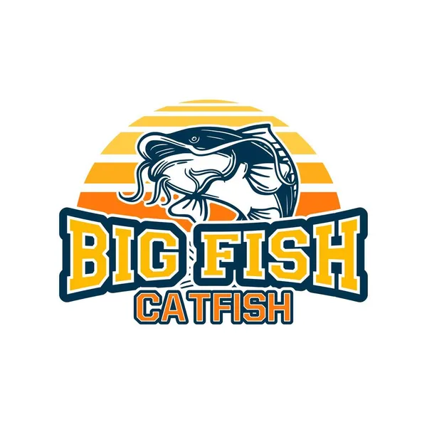 Big Fish Catfish Jump Background Sun Set Logo Badge Symbol — Stock Vector