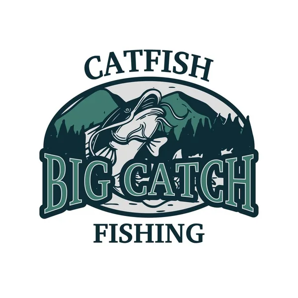 Catfish Big Catch Fishing Logo Symbol Sign Badge Catfish Jump — Stock Vector