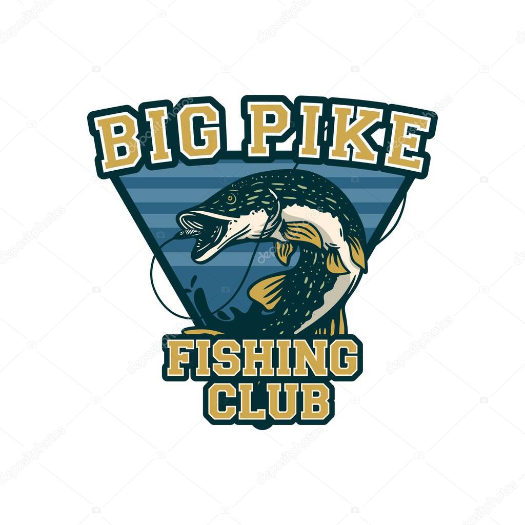 big pike fishing club, northern pike for logo badge symbol vintage retro fishing team
