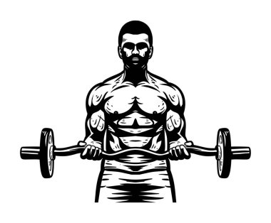 Poster kulübü logosu için halter kaldırma illüstrasyonlu vücut geliştirici erkek karakter.