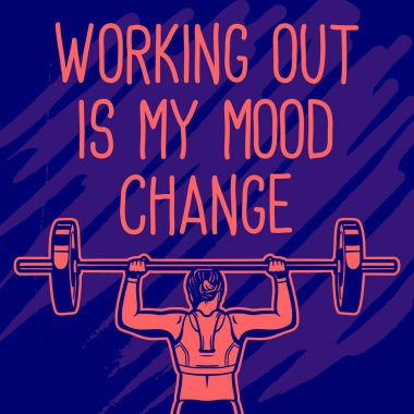 Antrenman yapmak benim motivasyon sloganım slogan spor salonu vücut geliştirme. Poster fitness broşürü için halterli kadın.