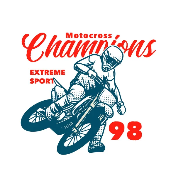 Motocross Campeões Extremo Esporte Shirt Design Vetor Ilustração Vintage Retro —  Vetores de Stock