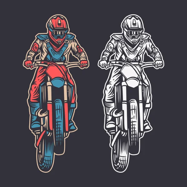 Ilustración Retro Vintage Motocross Vista Frontal Color Blanco Negro — Vector de stock