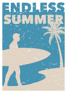 Bitmek bilmeyen yaz sörfü antika poster şablonu
