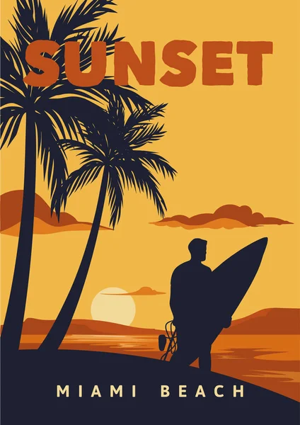 Sunset Miami Beach poster illüstrasyonları klasik sörf stili