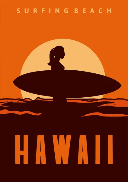 Surf Praia Hawaii Cartaz Ilustração Design Mulher Silhueta Prancha Vintage — Vetor de Stock