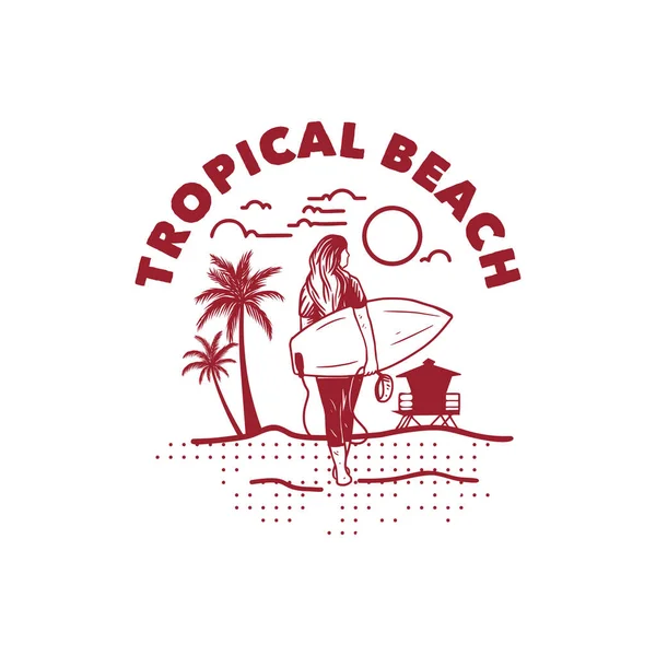 Praia Tropical Ilustração Shirt Design Mulher Surfista Cartaz Vintage Retro —  Vetores de Stock