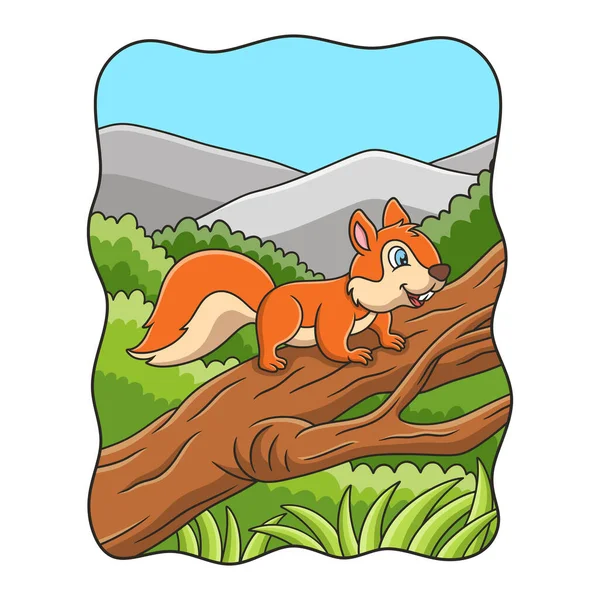 Cartoon Illustration Squirrel Running Food Fallen Tree Trunk Middle Forest — Image vectorielle