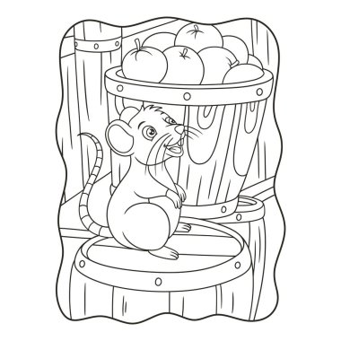 Çizgi film illüstrasyonu depodaki meyve dolu fıçıların üzerinde duran bir fare ya da çocuklar için siyah beyaz bir sayfa.