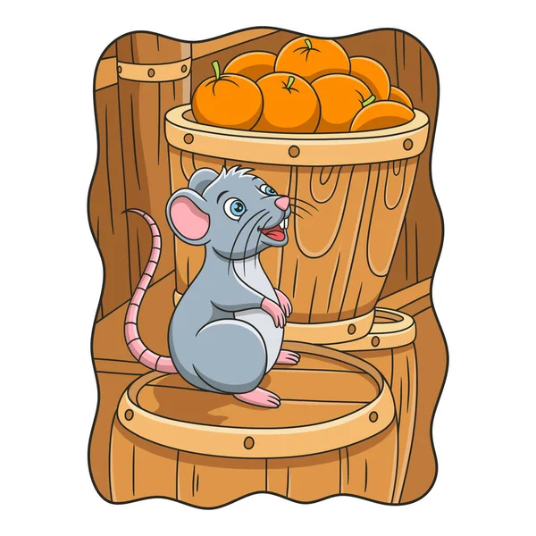 Cartoon Illustration Mouse Standing Pile Barrels Filled Fruit Warehouse — Vettoriale Stock