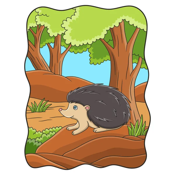 Cartoon Illustration Hedgehog Walking Forest Alone Looking Food — Stockový vektor