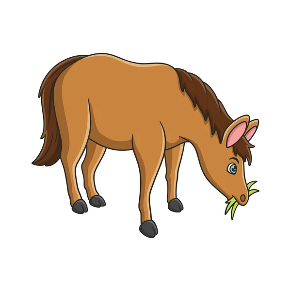 Cartoon Illustration Horse Eating Grass River Big Tree — Image vectorielle
