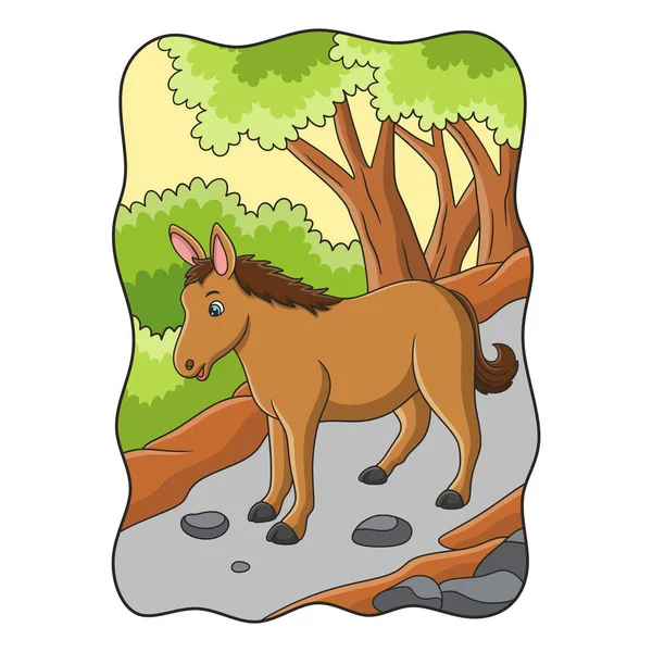 Cartoon Illustration Horse Walking Looking Food Middle Forest — Image vectorielle