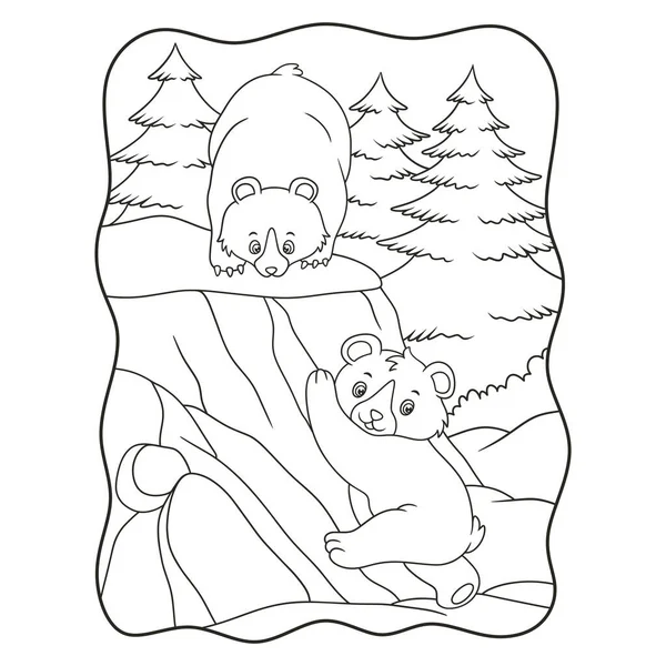 Kreslený Ilustrace Medvěd Svým Mládětem Hraje Pod Útesem Uprostřed Lesa — Stockový vektor