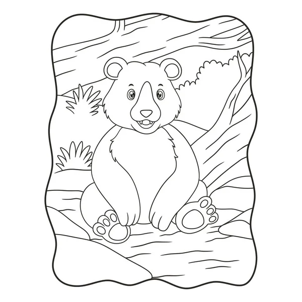 Kreslená Ilustrace Medvěd Sedí Pod Kmenem Velkého Padlého Stromu Uprostřed — Stockový vektor