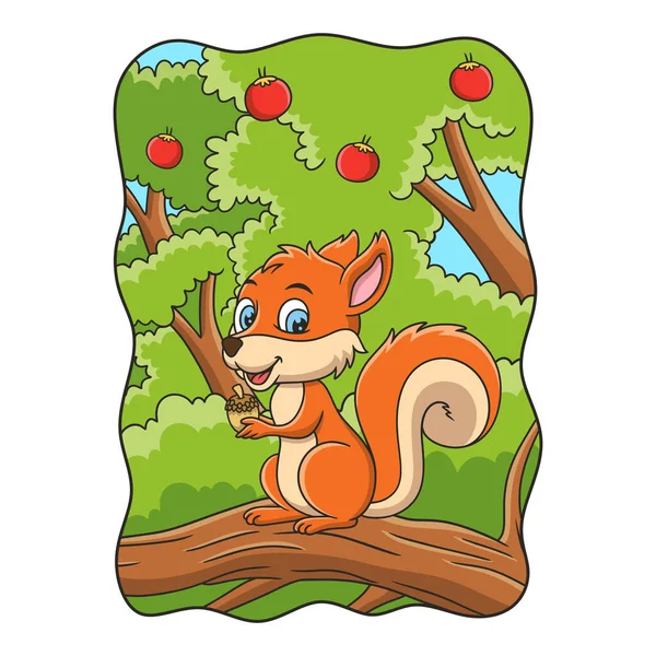 Cartoon Illustration Squirrel Getting Ready Eat Pine Tree Seeds Big — Image vectorielle