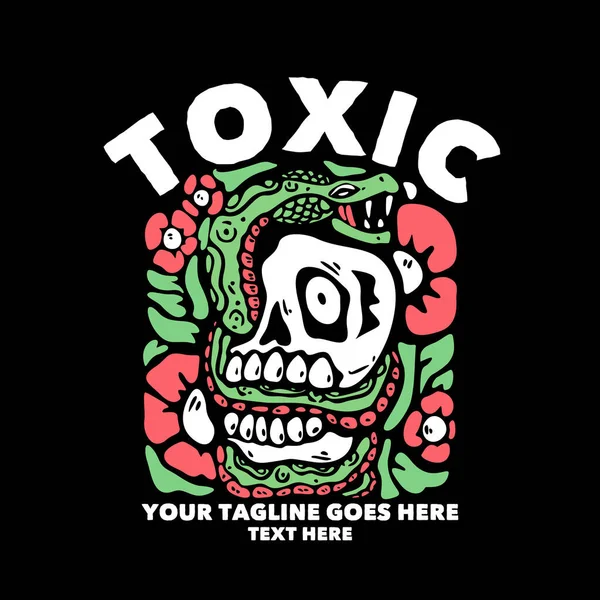 Shirt Design Toxic Snaked Coiled Skull Black Background Vintage Illustration — Vector de stock