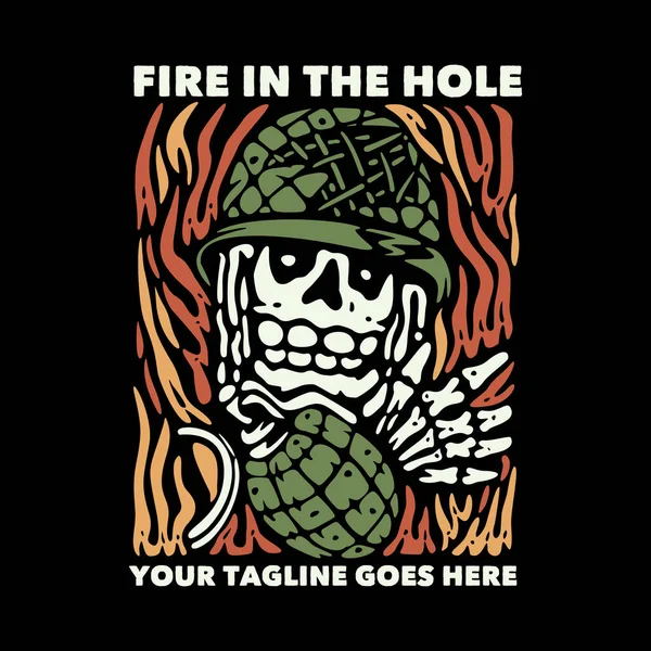 Shirt Design Fire Hole Skull Throwing Grenade Black Background Vintage — Stock vektor