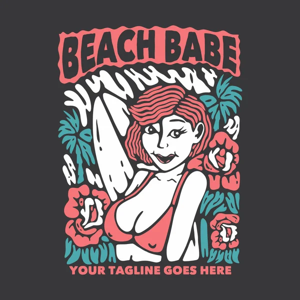 Shirt Design Beach Babe Woman Smiling Bikini Gray Background Vintage — Stock Vector