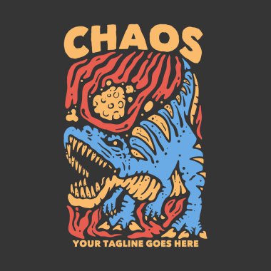 Tişört tasarım kaosu tyrannosaurus ve gri arkaplan vintage illüstrasyon