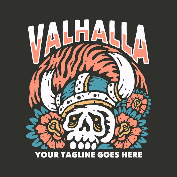 Shirt Design Valhalla Skull Viking Head Gray Background Vintage Illustration — ストックベクタ