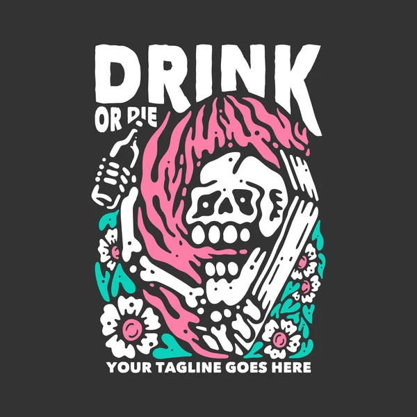 Shirt Design Drink Die Skeleton Holding Bottle Beer Gray Background — Vector de stock
