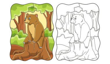 Çizgi film illüstrasyonu. Ayı, kesilen ağaç gövdesinin üzerindeki ormana bakıyor. Çocuklar için.