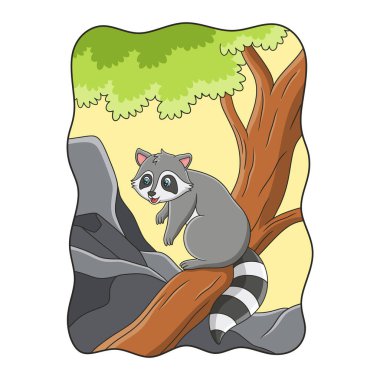 cartoon illustration The raccoon is standing on a big tree trunk looking for food