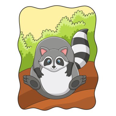 cartoon illustration raccoon that looks full from eating too much and can't do anything