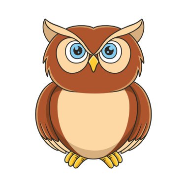 Çizgi film çizimi baykuşu evinin önünde duruyor geceleri büyük bir ağaç gövdesinin üzerinde