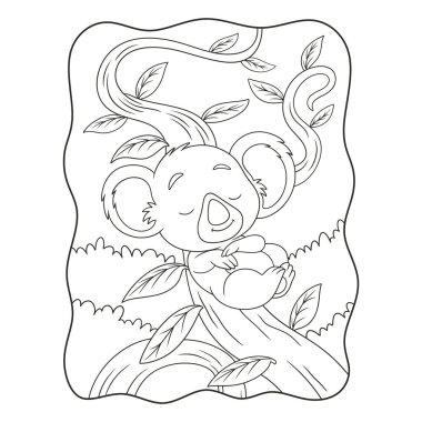 Çizgi film çizimleri, ormanın ortasında bir ağaç gövdesine yaslanmış uyuyan koala gündüz kitabı ya da çocuklar için siyah-beyaz bir sayfa.