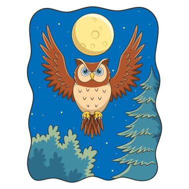cartoon illustration an owl that flies proudly under the light of the full moon in the forest