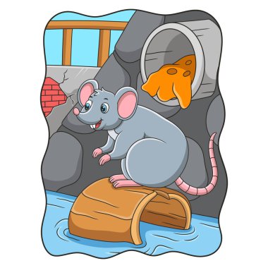 Çizgi film çizim faresi hendekte sürüklenen bir kütüğün üzerinde duruyor.