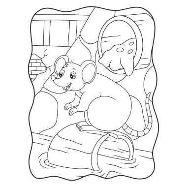 Çizgi film çizim faresi, hendek kitabında ya da çocuklar için siyah-beyaz bir sayfada sürüklenen bir kütüğün üzerinde duruyor.