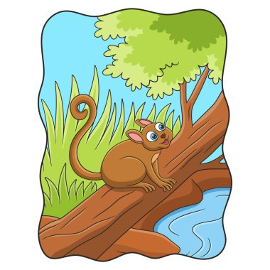 cartoon illustration tarsiers relaxing on a fallen tree trunk by the river to enjoy the beauty of the forest