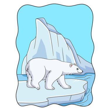 Karikatür çizimi. Kutup ayısı denizin ortasında buz küpleri üzerinde yürüyüp yiyecek için balık arıyor.