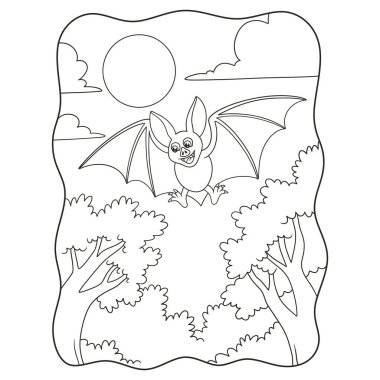 Çizgi film illüstrasyonu, gece ormanda uçan yarasaların altında Ay 'ın parlak kitabıyla ya da çocuklar için siyah ve beyaz sayfalarla dolu bir manzara.