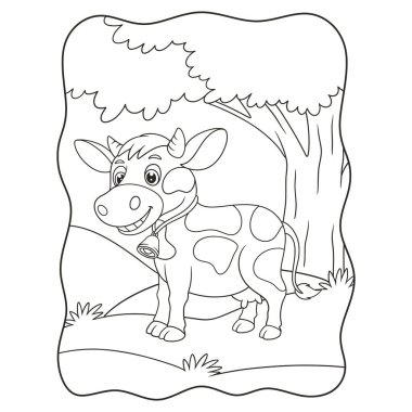 Çizgi film illüstrasyonu. Ormanın ortasında yemek için yürüyen bir inek. Büyük bir ağaç kitabı ya da çocuklar için siyah beyaz bir sayfa.