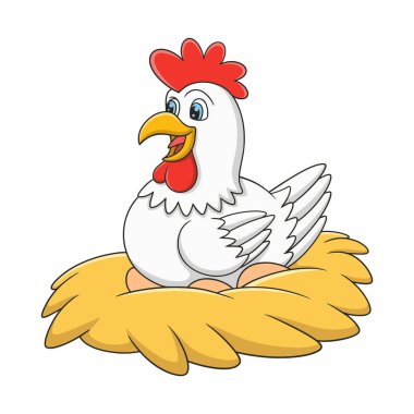 Çizgi film çizimi. Yumurtalarını kuluçkaya yatıran ve kafesinde yumurtadan çıkmaya hazır bir tavuk.