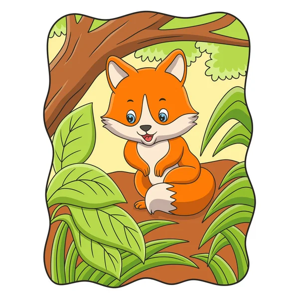 Cartoon Illustration Fox Sitting Big Tree Middle Forest — Image vectorielle