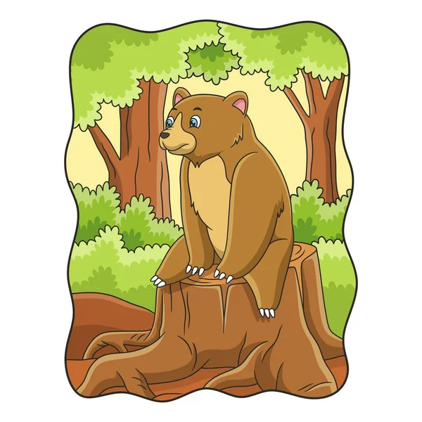 Kreslený Obrázek Medvěd Sedí Dívá Les Nad Pokáceným Kmenem Stromu — Stockový vektor