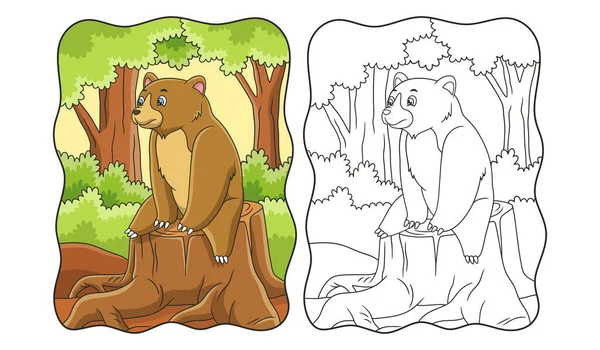 Çizgi film illüstrasyonu. Ayı, kesilen ağaç gövdesinin üzerindeki ormana bakıyor. Çocuklar için.