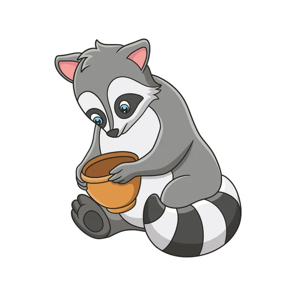 Cartoon Illustration Raccoon Sitting River Holding Jar Playing — Vettoriale Stock