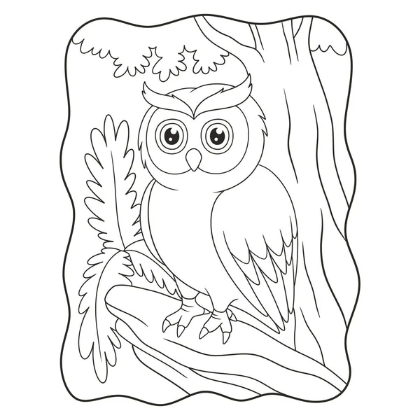 Cartoon Illustration Owl Perched Coolly Fallen Tree Trunk Middle Forest — Vettoriale Stock