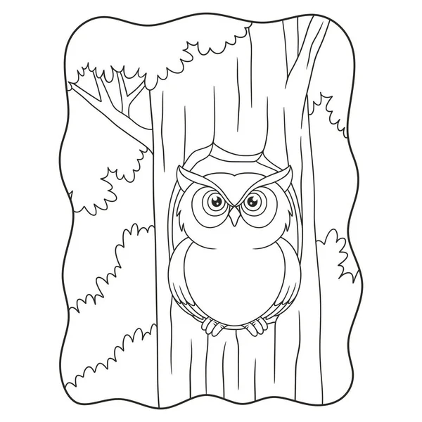 Cartoon Illustration Owl Standing Front His House Big Tree Trunk — Stock Vector